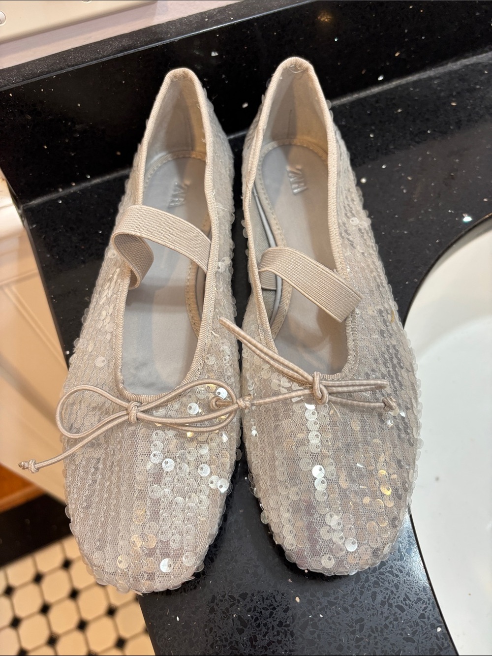 NWOT Zara Sequin Ballet Flats in Light Gray with Elastic Strap